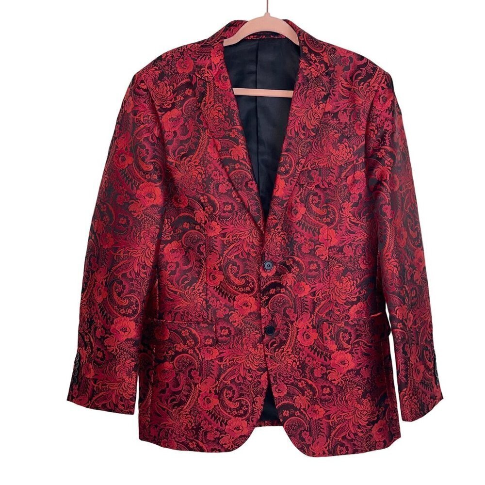 Leonardi Mens Jacket Size Large Red Floral Woven Two Button Pockets Party